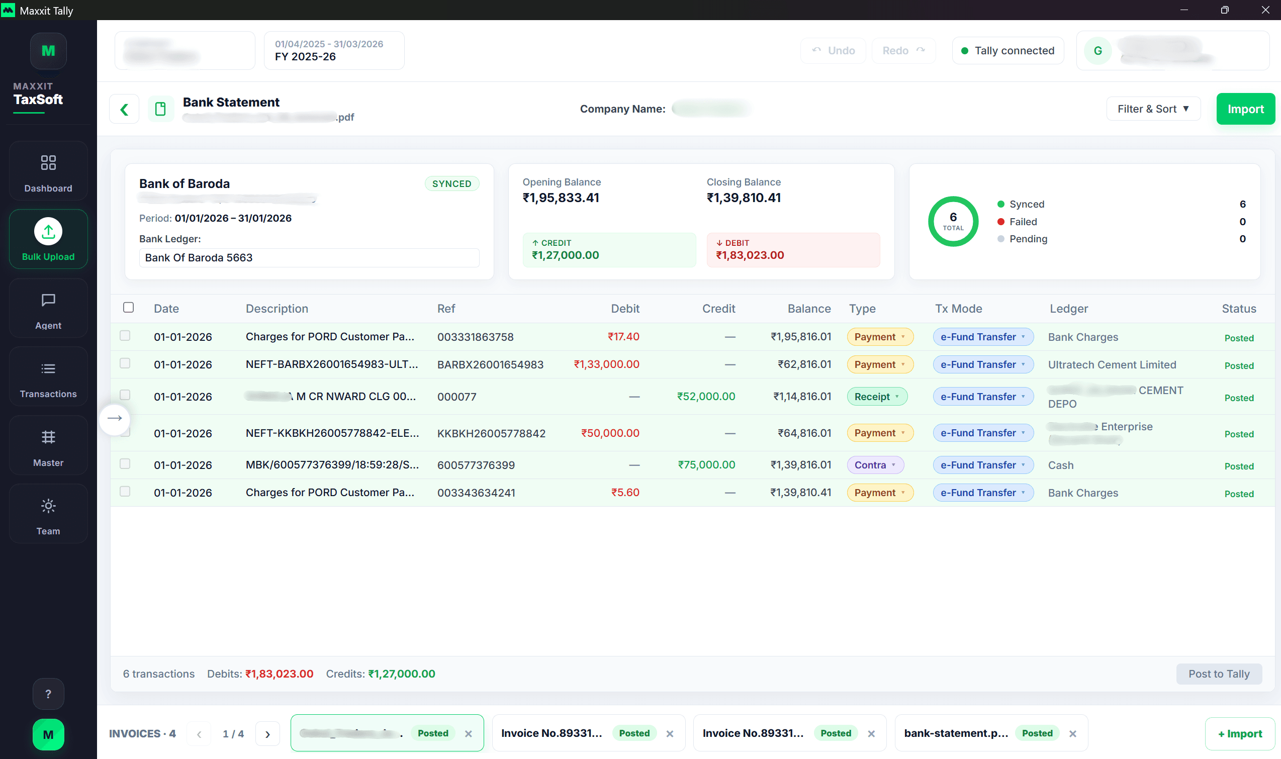 Bank statement transactions classified as Payment, Receipt, and Contra with ledger matching in Maxxit Tally