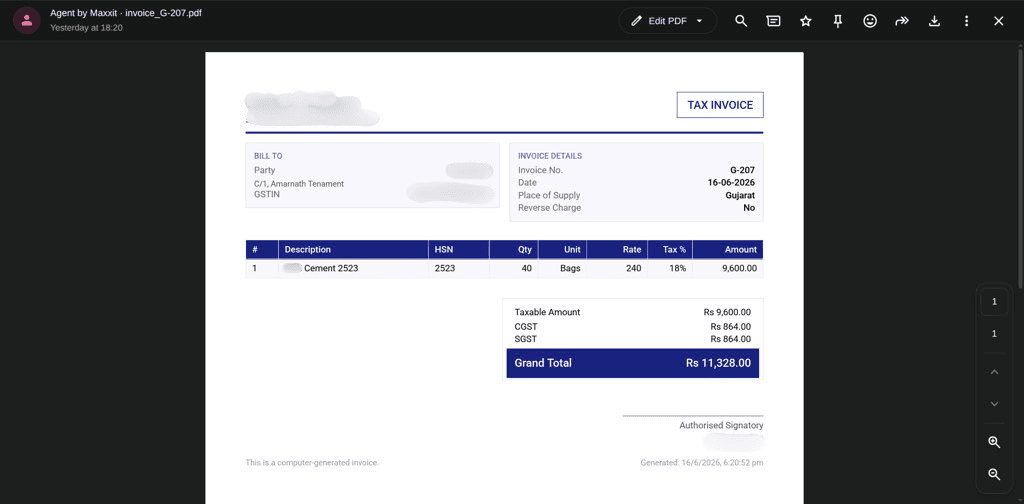 Generated tax invoice PDF from Tally data returned to the client via WhatsApp Agent