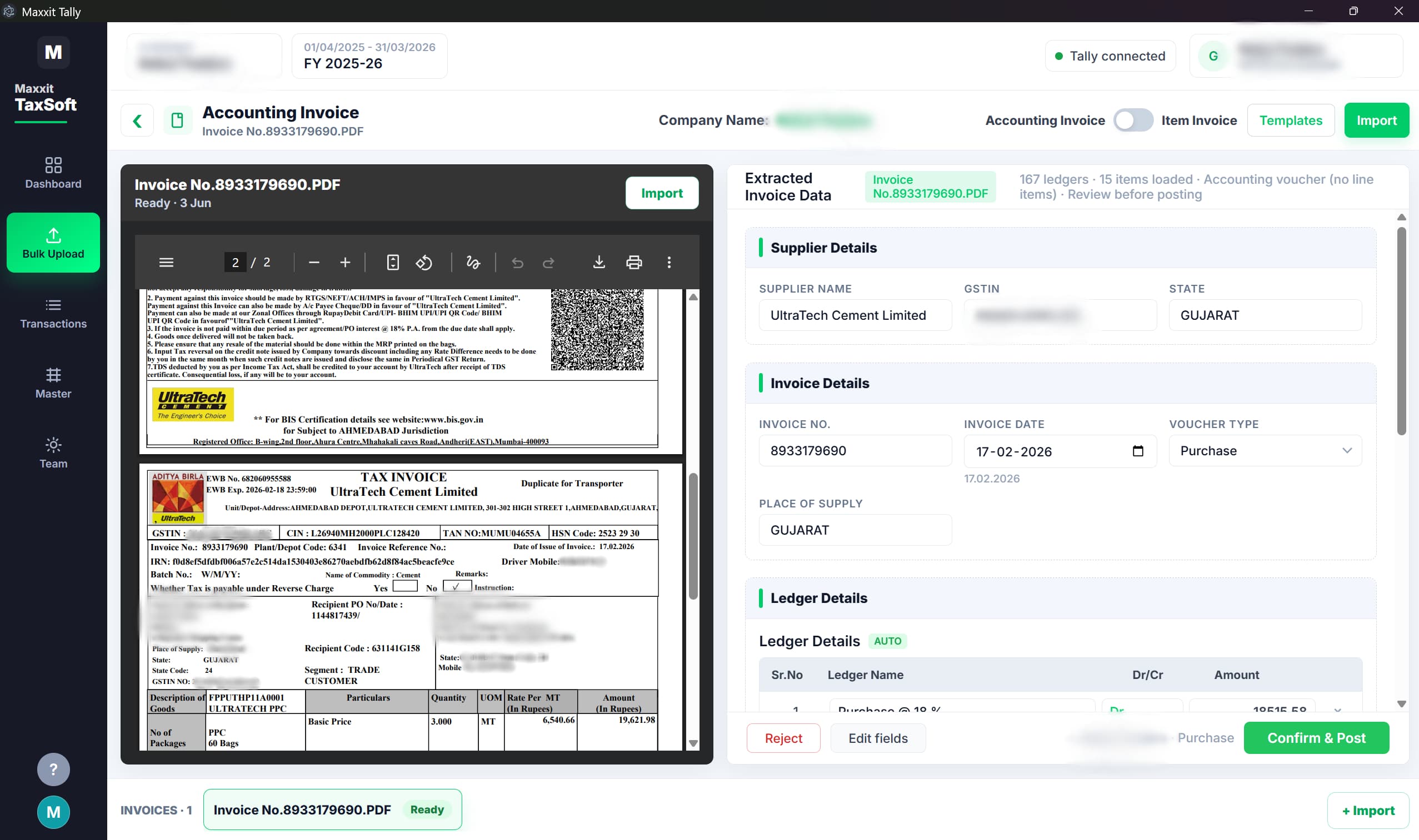 Maxxit Tally review workspace for an UltraTech Cement purchase invoice with supplier GSTIN, ledger mapping, and Confirm and Post