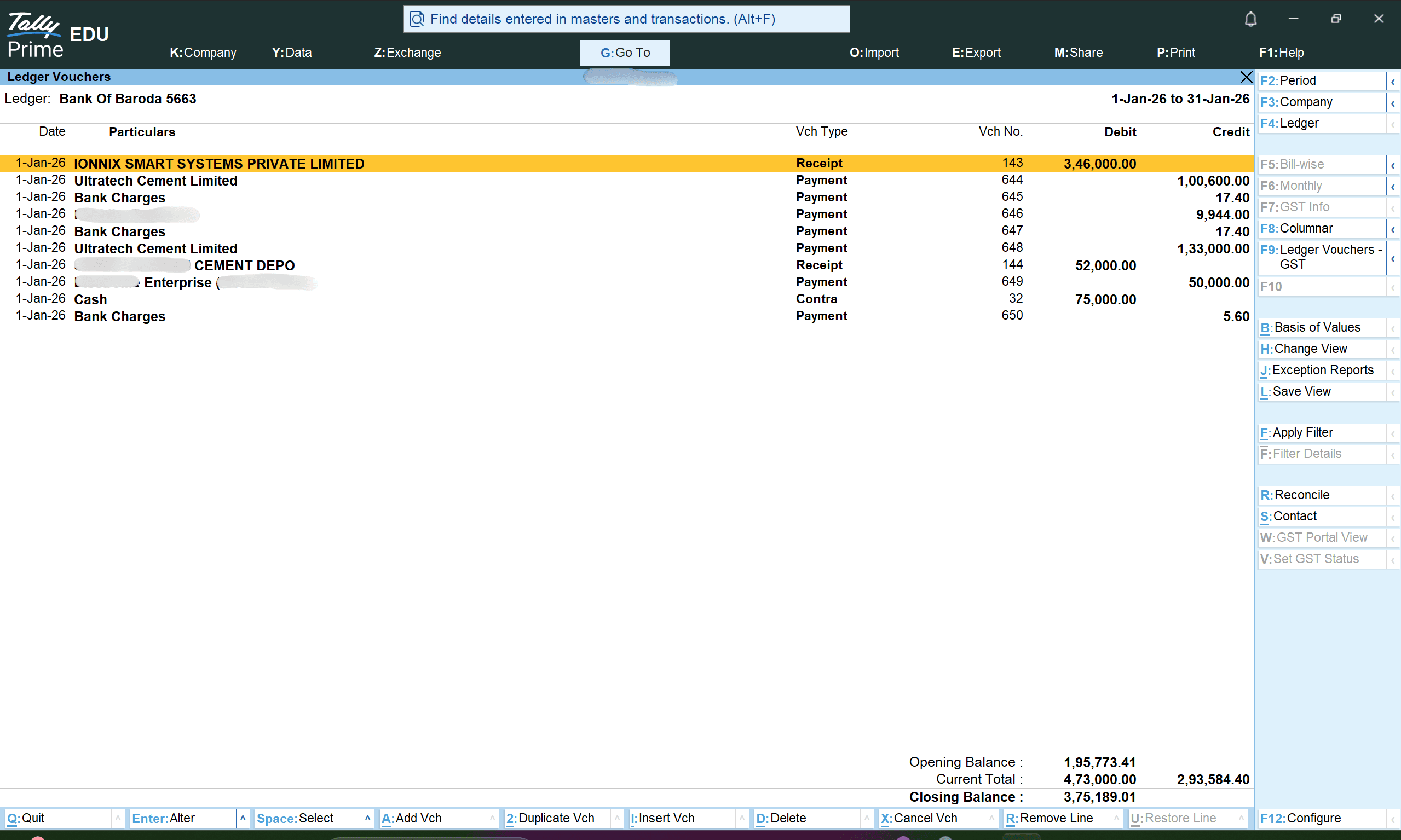 TallyPrime Ledger Vouchers report showing bank lines posted from Maxxit Tally